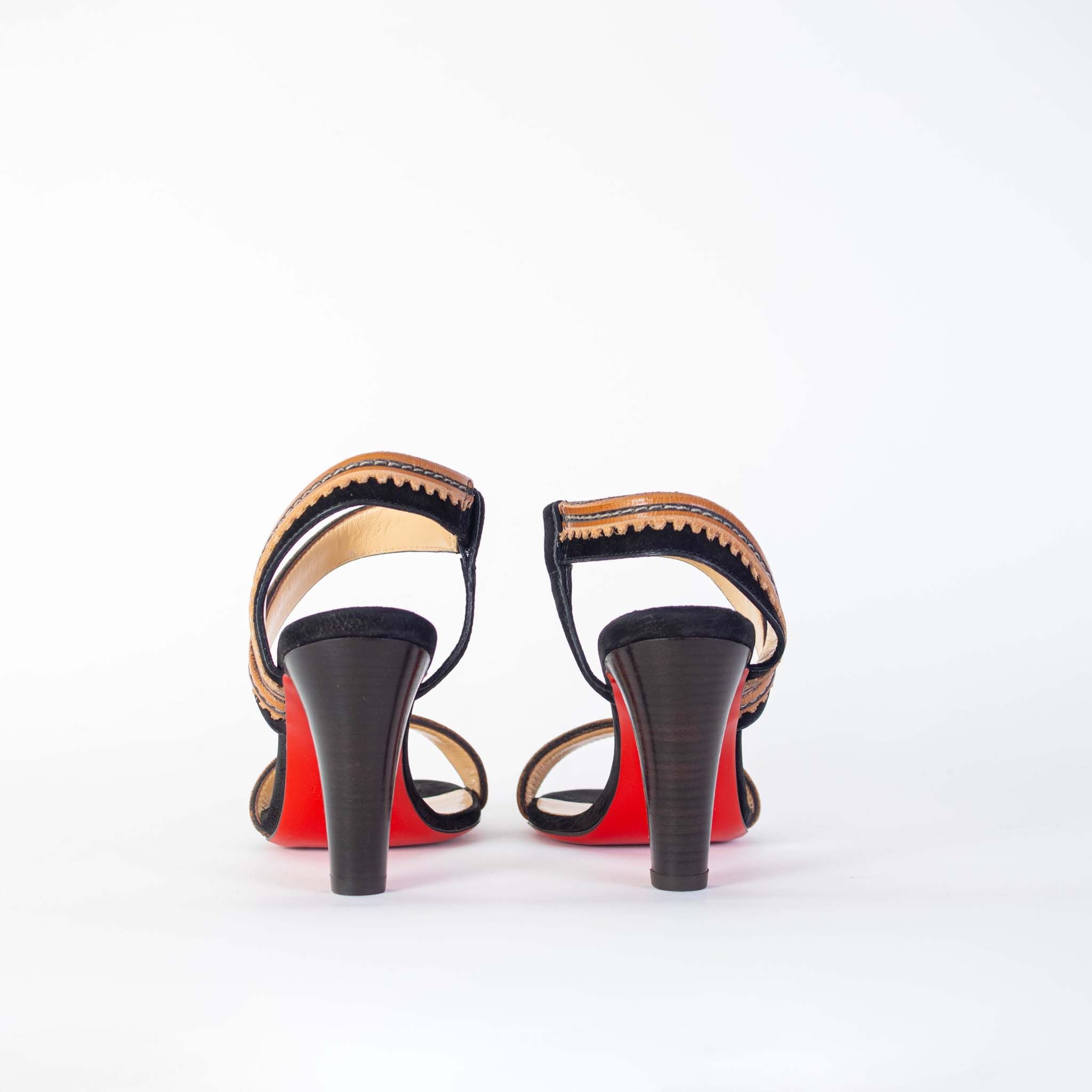 Christian Louboutin Black Leather Heel Embroidery Sandals