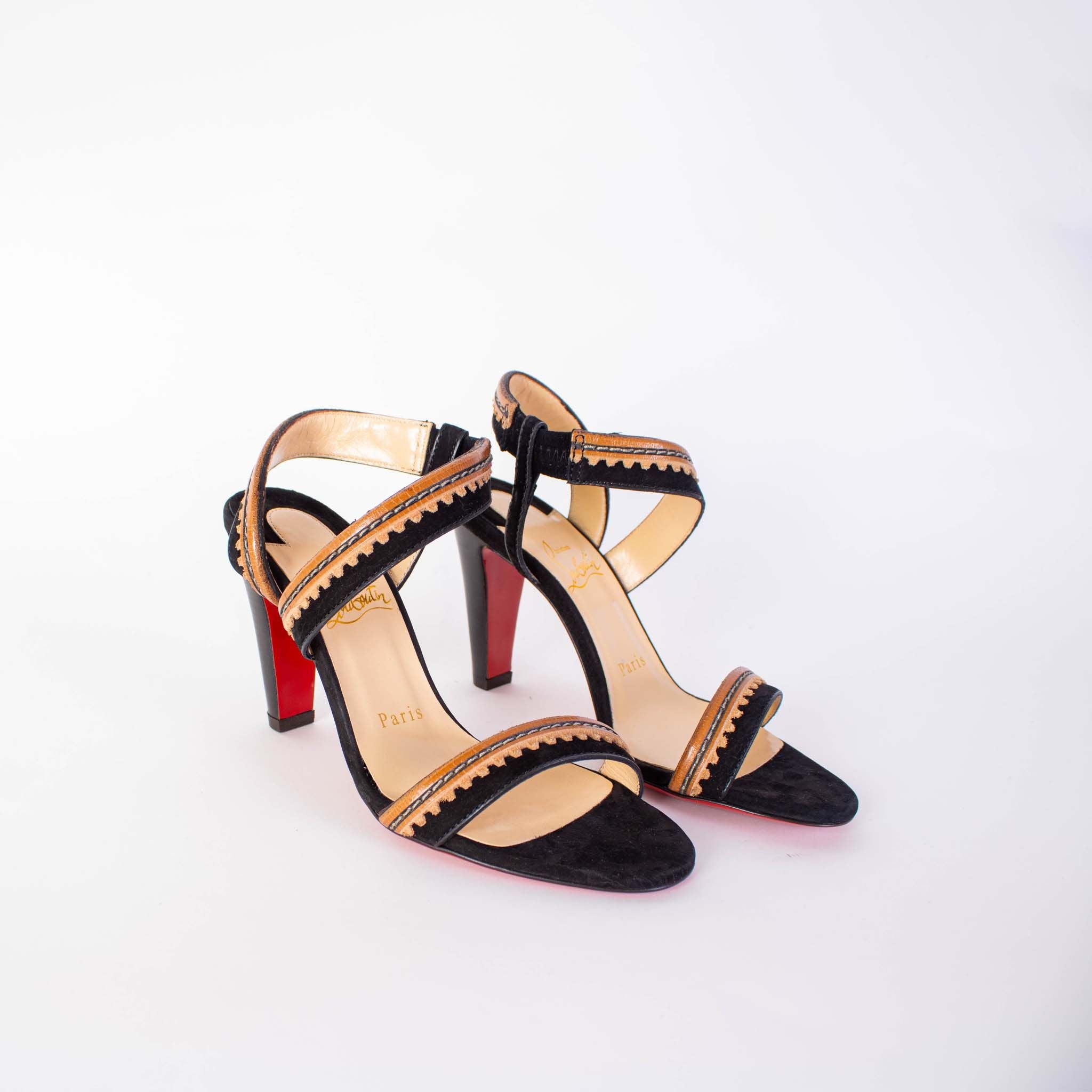 Christian Louboutin Black Leather Heel Embroidery Sandals