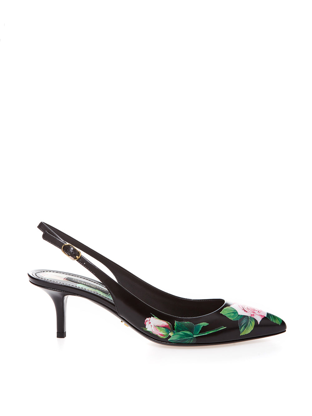 Dolce & Gabbana Black Leather Slingback Floral Print Décolleté