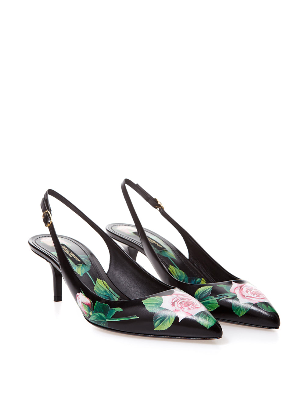 Dolce & Gabbana Black Leather Slingback Floral Print Décolleté