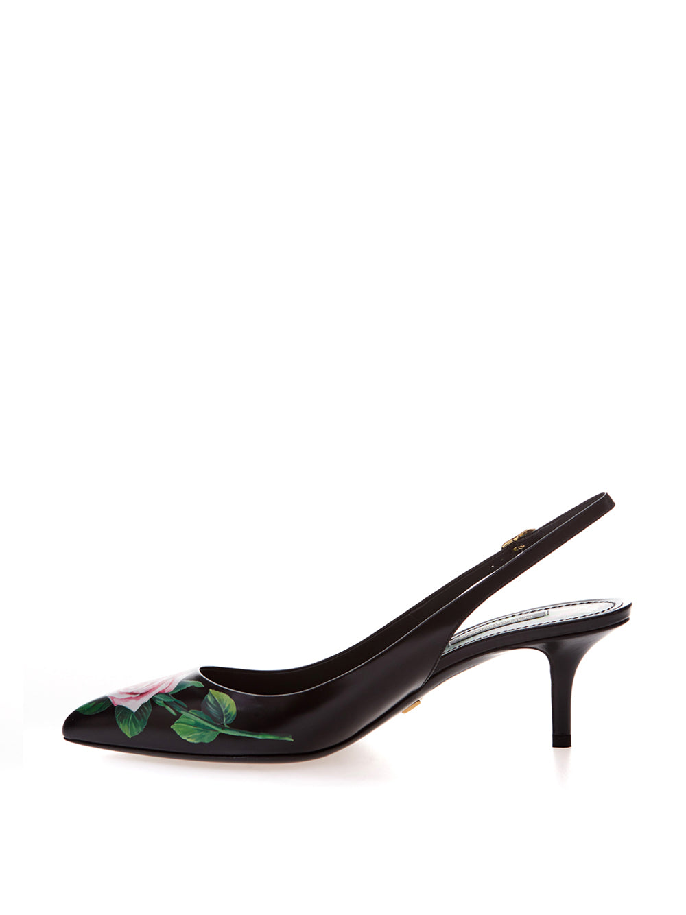 Dolce & Gabbana Black Leather Slingback Floral Print Décolleté