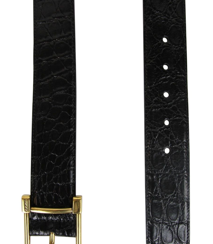 Gucci Gucci Women's Gold Square Buckle Black Crocodile Belt