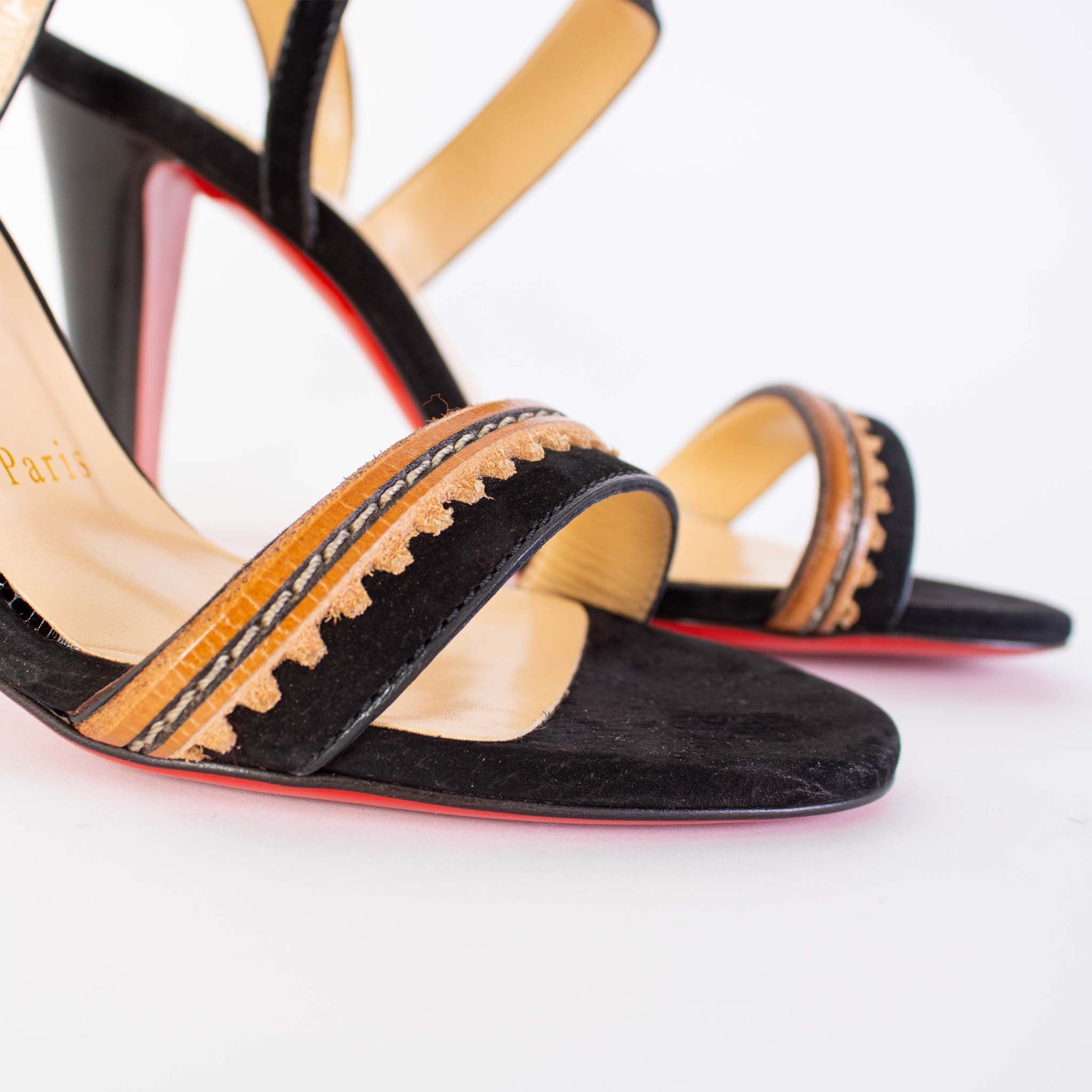 Christian Louboutin Black Leather Heel Embroidery Sandals