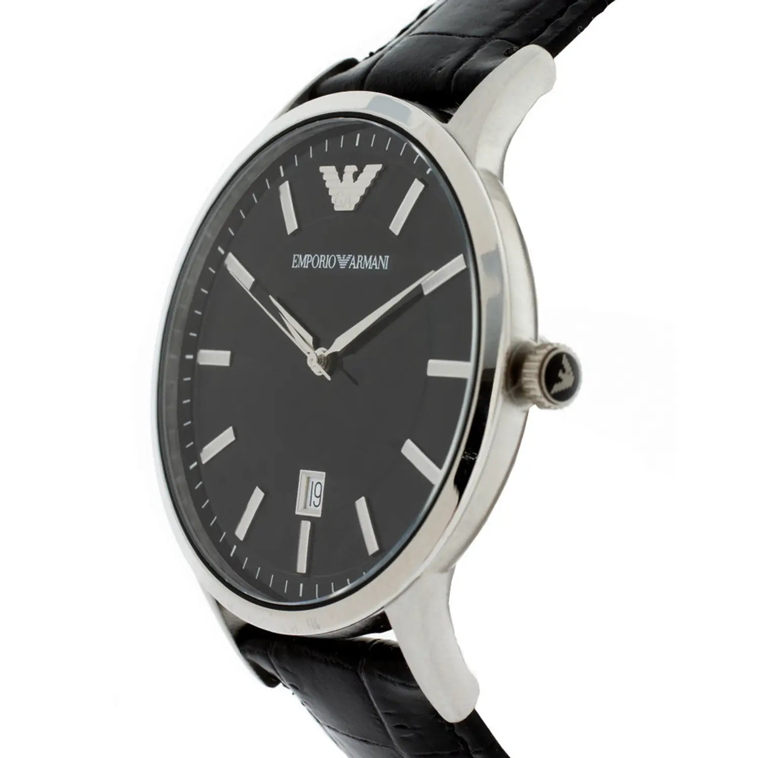 Emporio Armani Black Leather and Steel Analog Watch