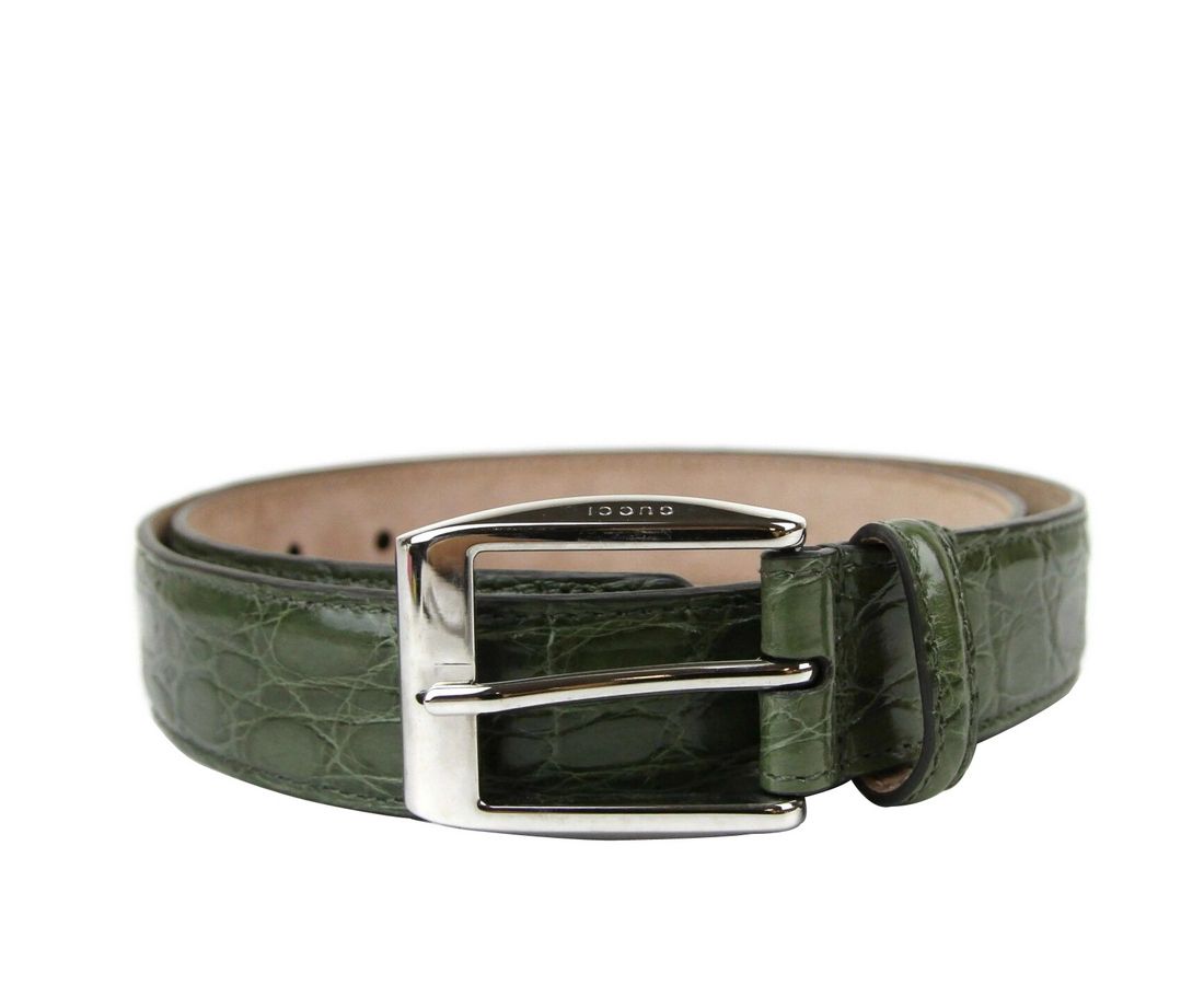 Gucci Gucci Men's Green Crocodile Classic Square Buckle Belt