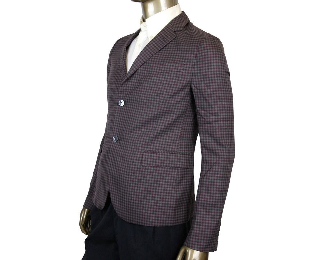 Gucci Gucci Men's 2 Buttons Grey / Burgundy Vichy Wool Gauze Jacket