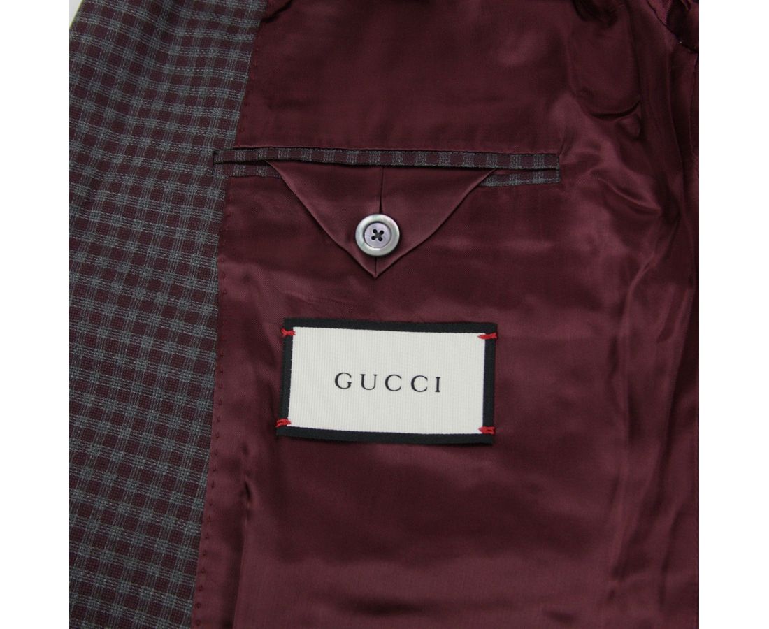 Gucci Gucci Men's 2 Buttons Grey / Burgundy Vichy Wool Gauze Jacket