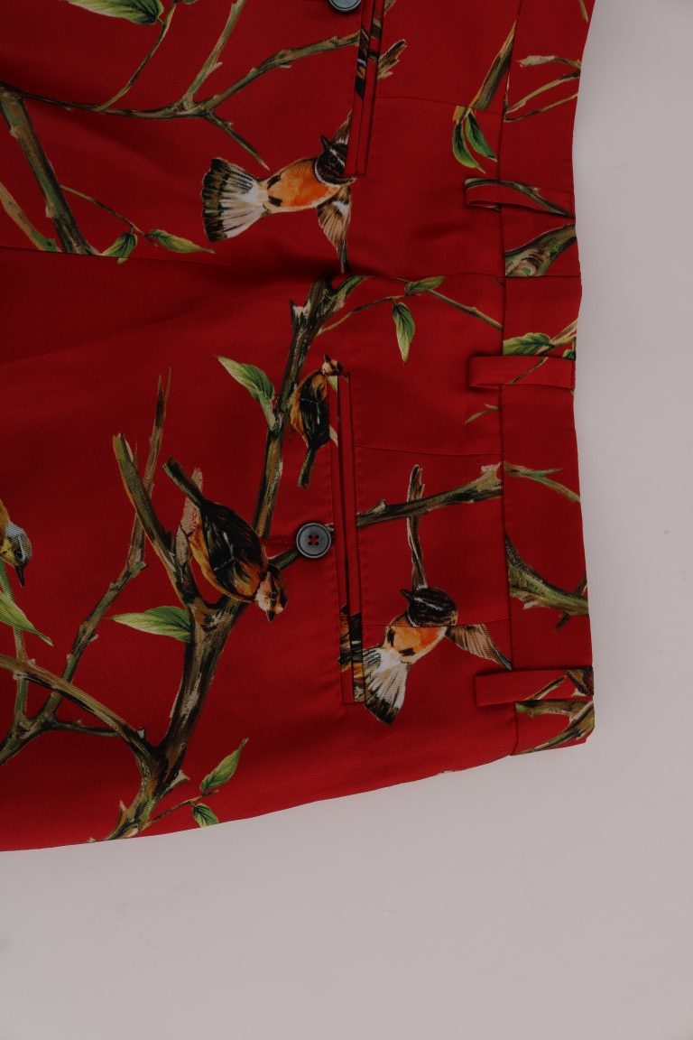 Dolce & Gabbana Red Silk Bird Print Dress Pants