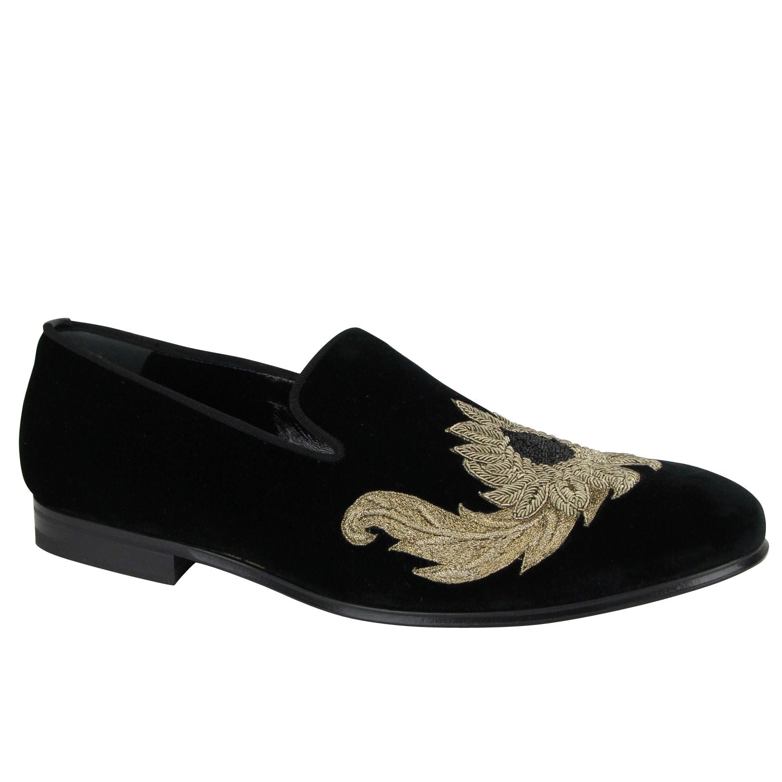 Alexander McQueen Alexander McQueen Men's Gold Embroidered Detail Black Velvet Slip On Shoes