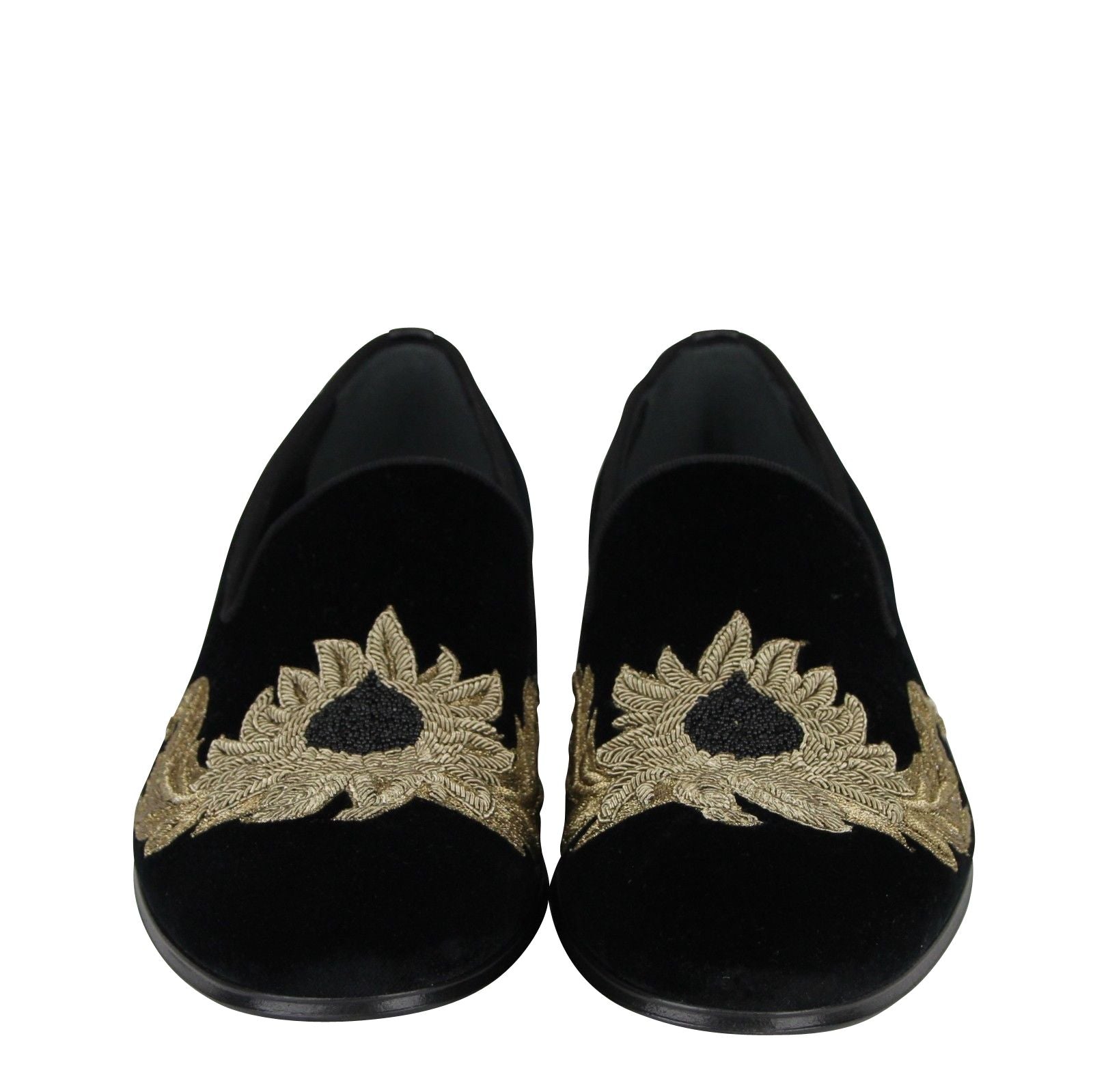 Alexander McQueen Alexander McQueen Men's Gold Embroidered Detail Black Velvet Slip On Shoes