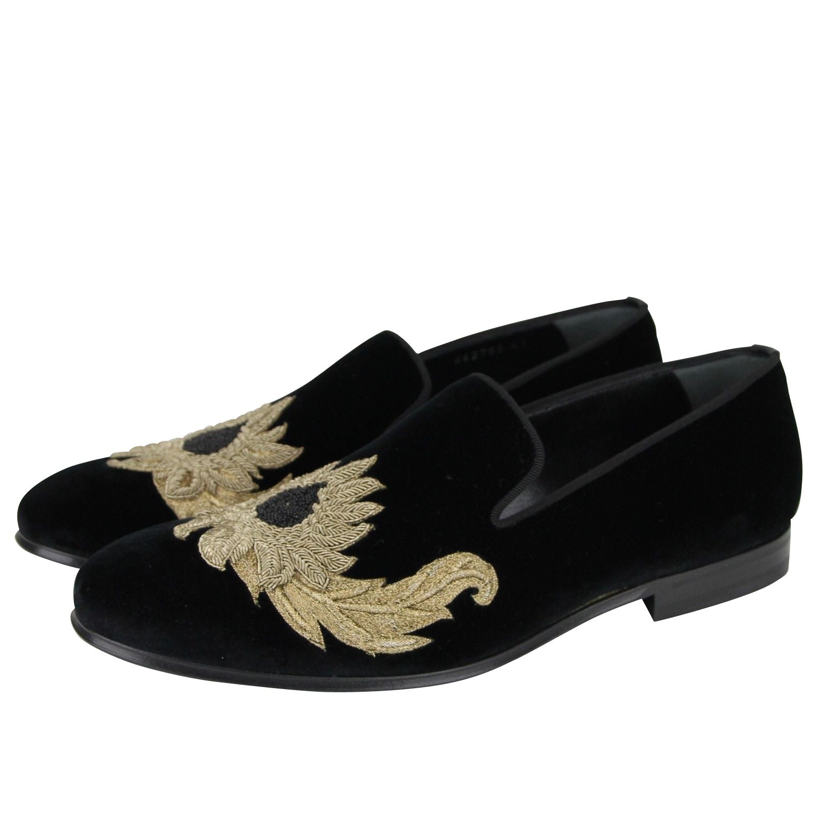 Alexander McQueen Alexander McQueen Men's Gold Embroidered Detail Black Velvet Slip On Shoes