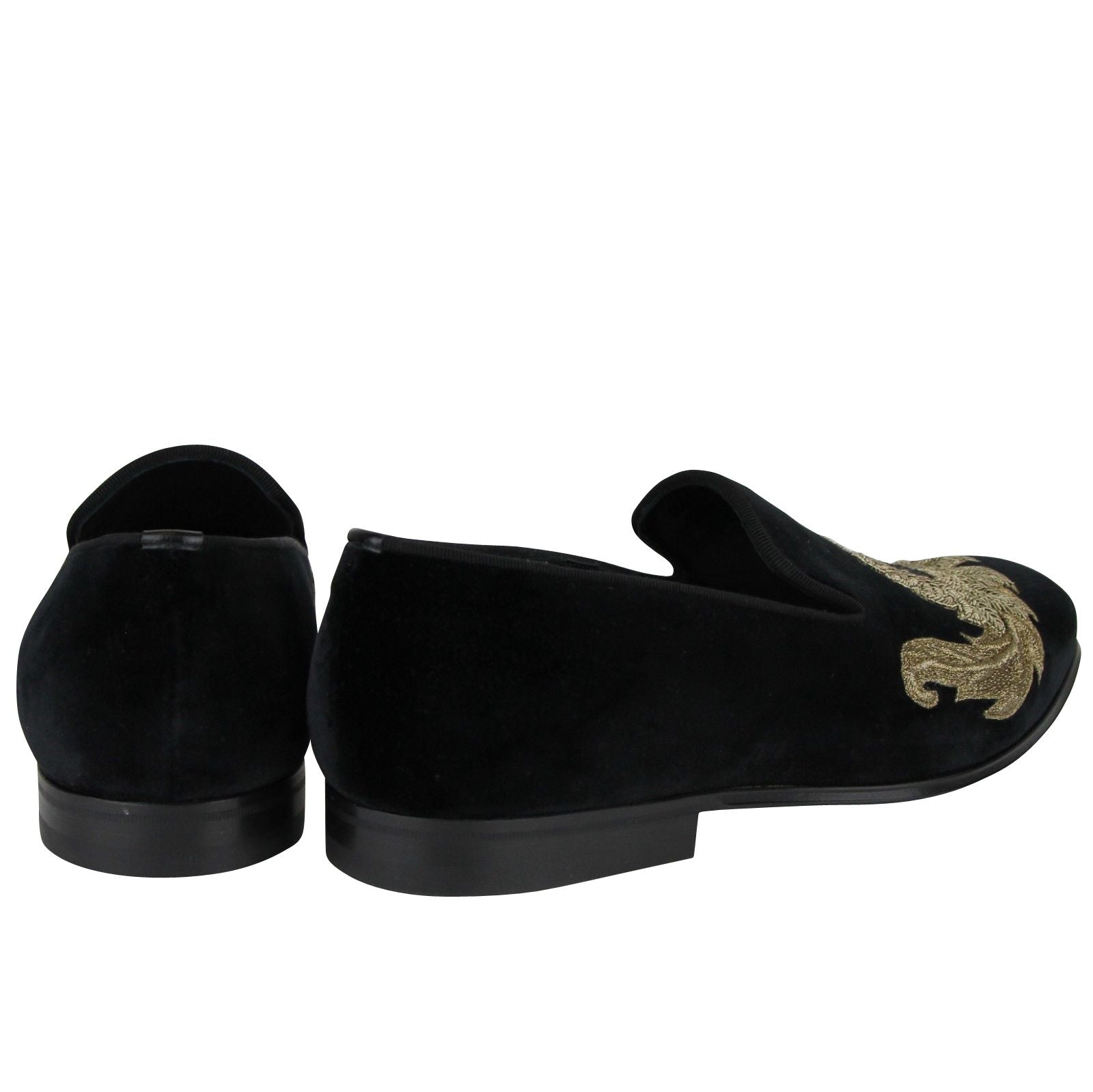 Alexander McQueen Alexander McQueen Men's Gold Embroidered Detail Black Velvet Slip On Shoes