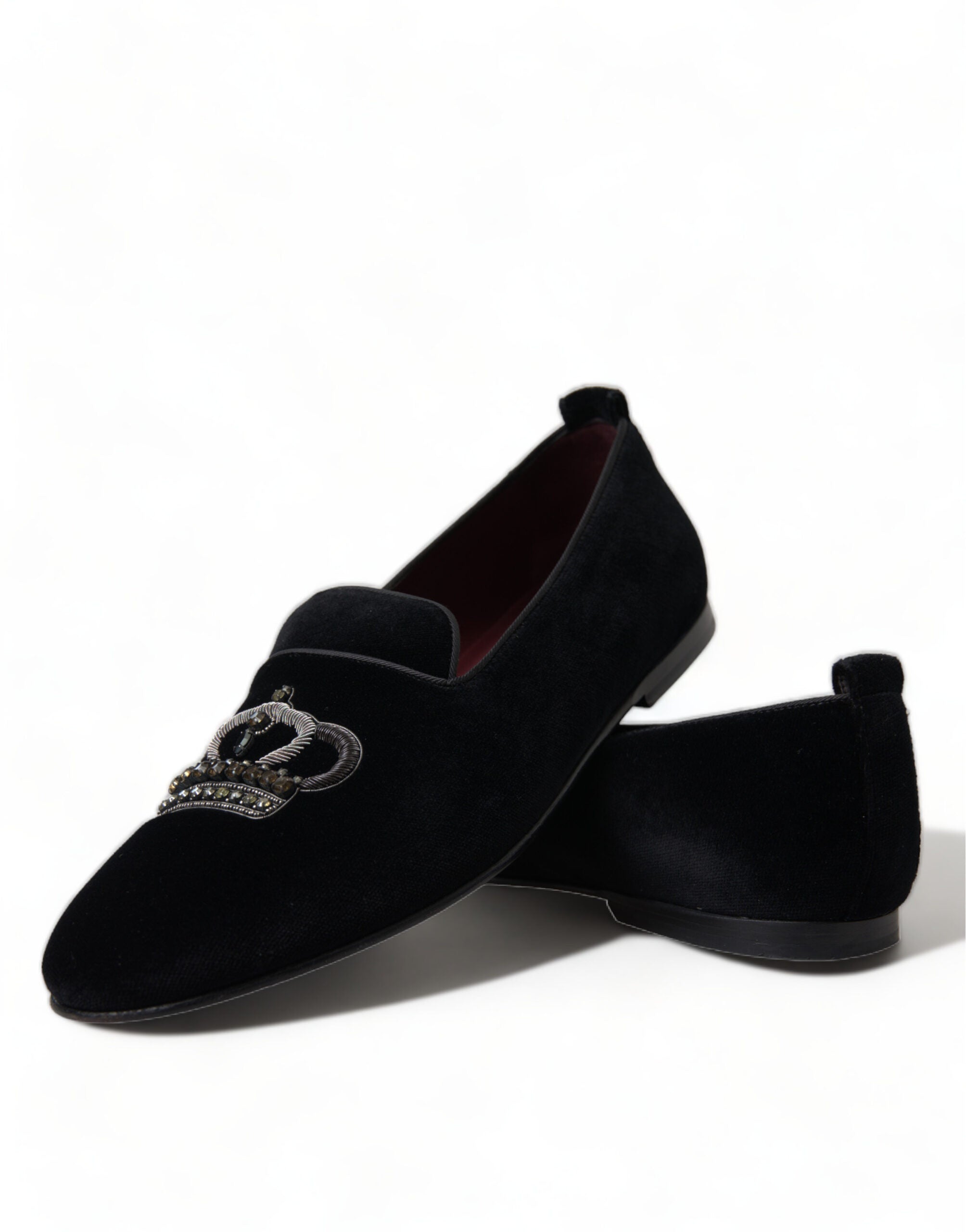 Dolce & Gabbana Black Velvet Crystal Crown Loafers Dress Shoes