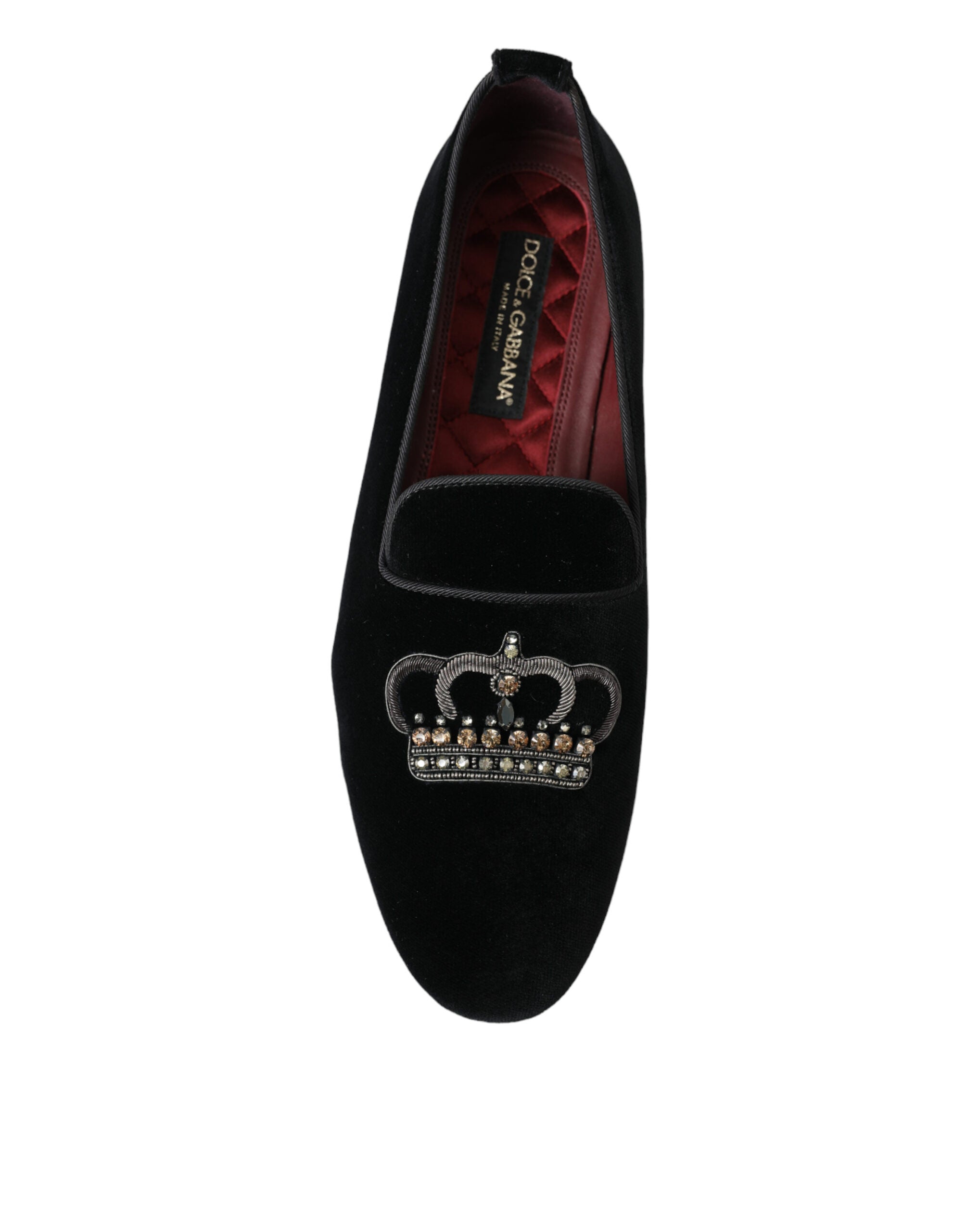 Dolce & Gabbana Black Velvet Crystal Crown Loafers Dress Shoes