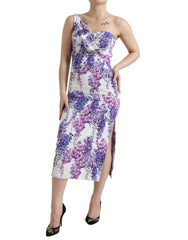 Dolce & Gabbana Elegant Wisteria Print One Shoulder Midi Dress