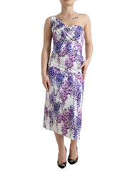 Dolce & Gabbana Elegant Wisteria Print One Shoulder Midi Dress