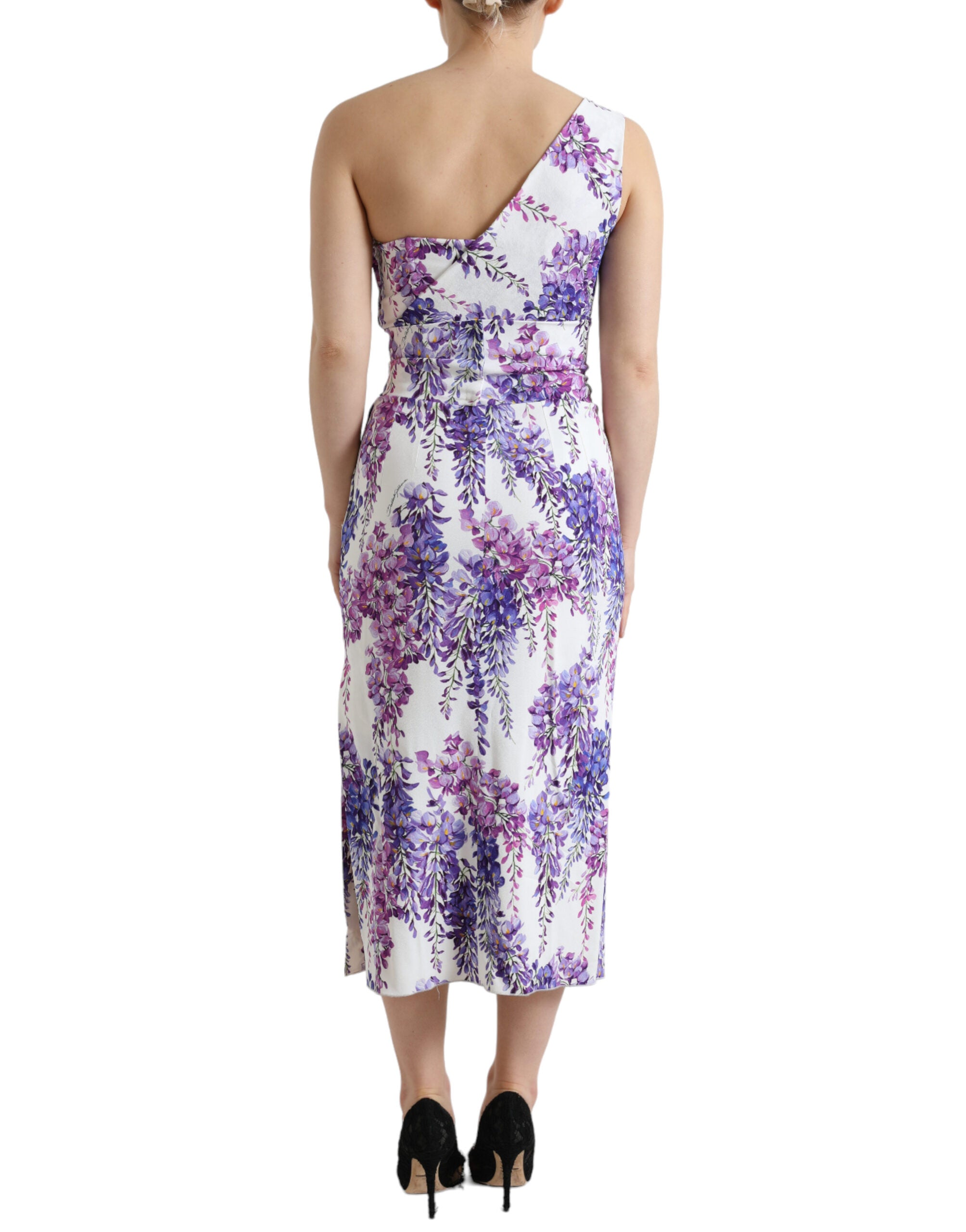 Dolce & Gabbana Elegant Wisteria Print One Shoulder Midi Dress