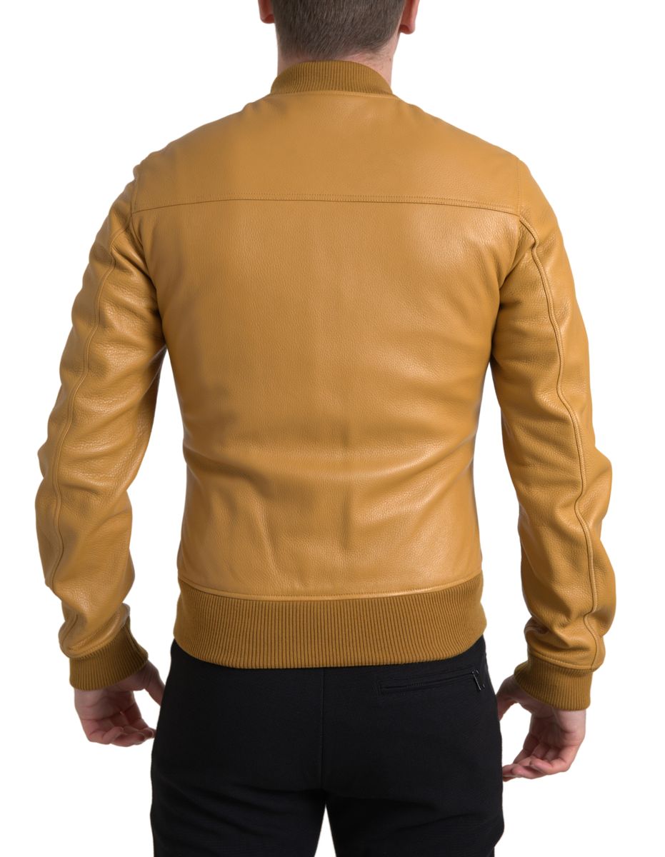 Dolce & Gabbana Yellow Leather Full Zip Bomber Men Jacket