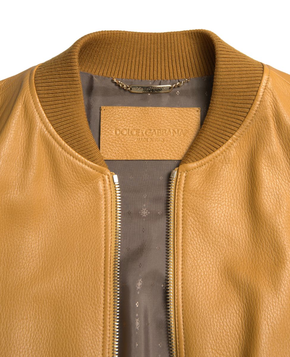 Dolce & Gabbana Yellow Leather Full Zip Bomber Men Jacket