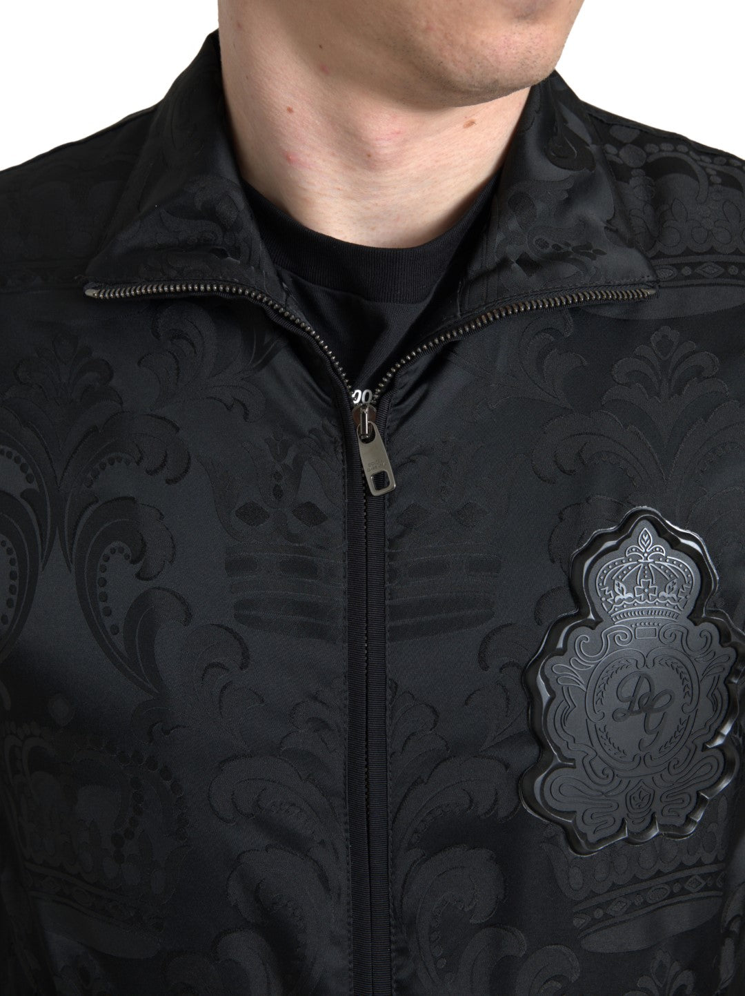 Dolce & Gabbana Black Full Zip Sweater Brocade Logo Casual Mens Jacket