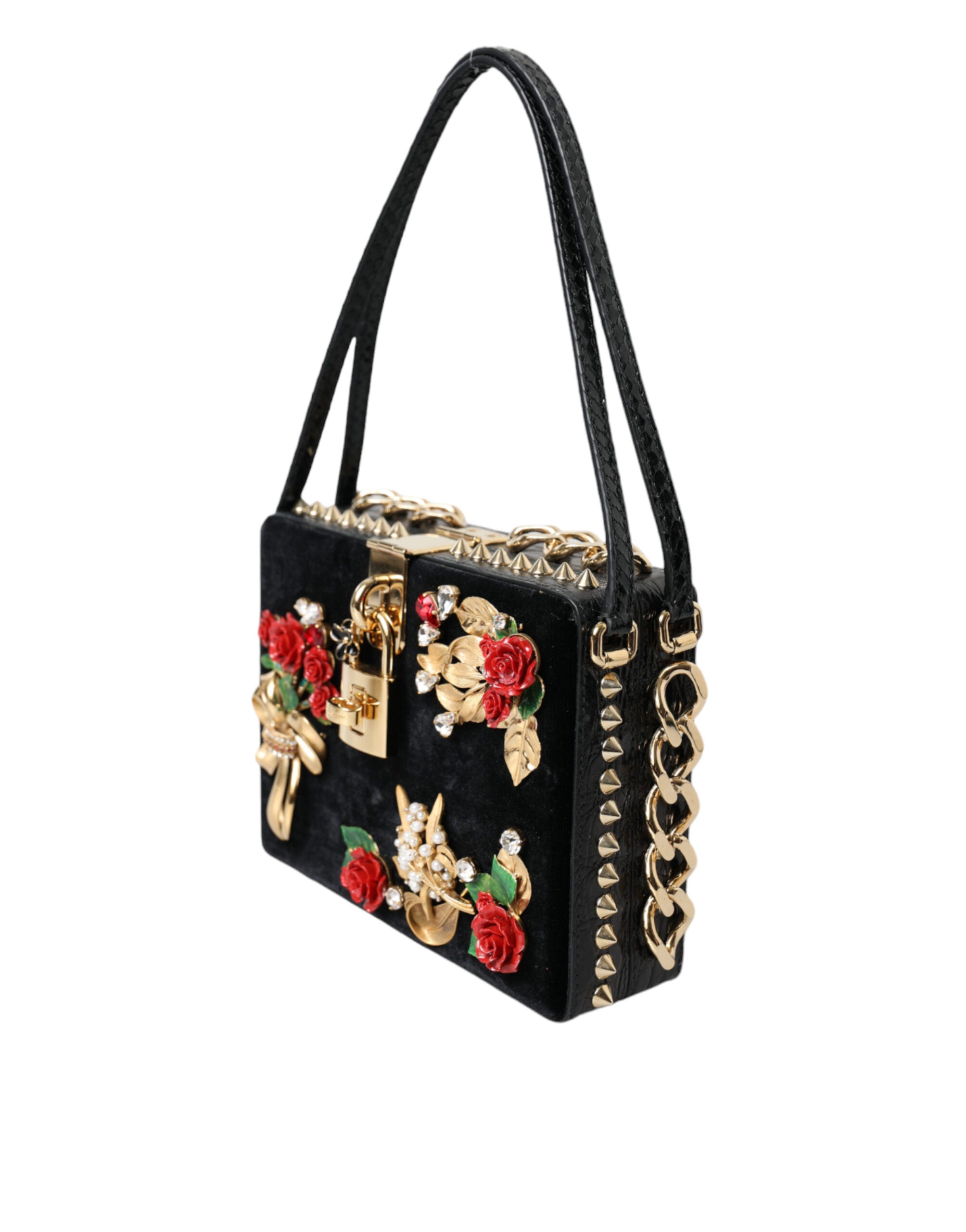 Dolce & Gabbana Black Floral Padlock Leather Crystal Velvet Clutch BOX Bag