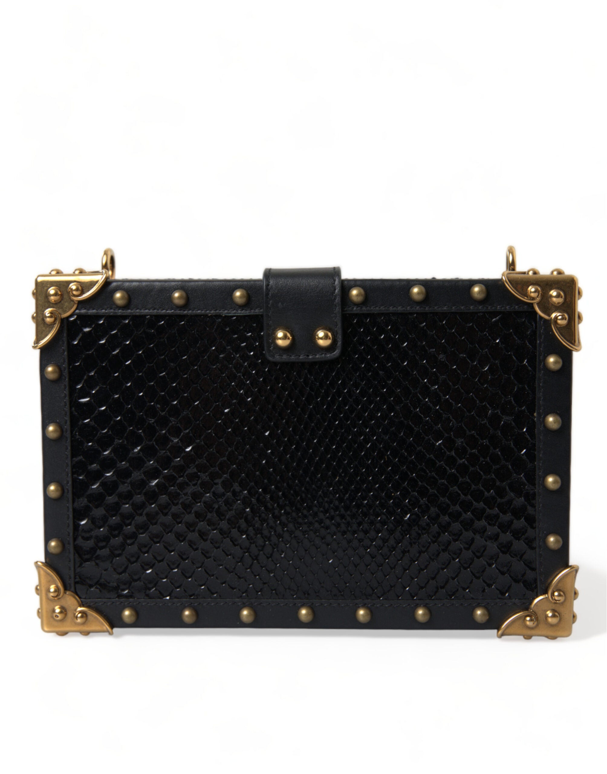 Dolce & Gabbana Black Snakeskin Leather Gold HEART Studs Box Shoulder Clutch Bag