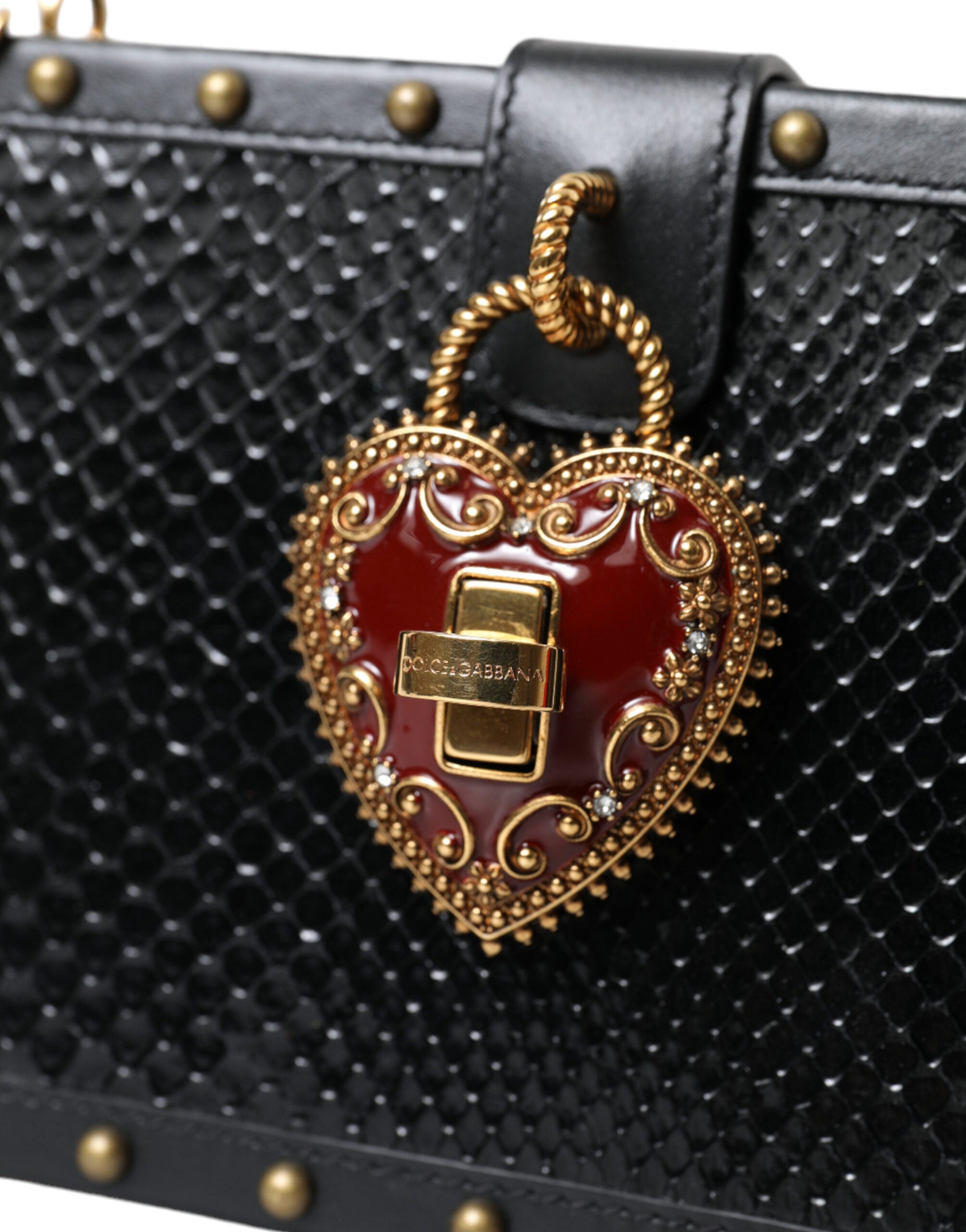 Dolce & Gabbana Black Snakeskin Leather Gold HEART Studs Box Shoulder Clutch Bag