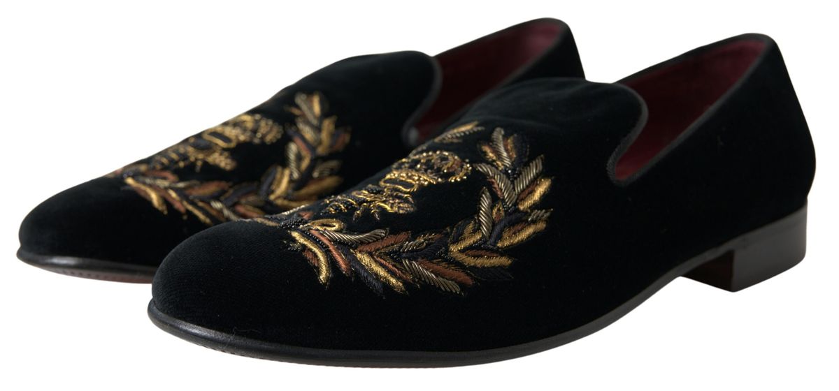 Dolce & Gabbana Elegant Black Velvet Gold-Accent Loafers