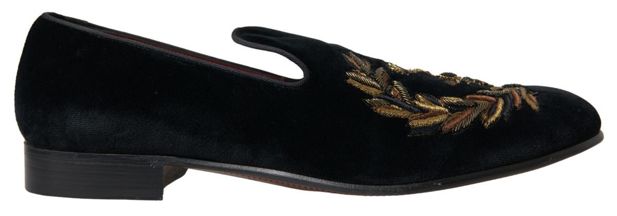 Dolce & Gabbana Elegant Black Velvet Gold-Accent Loafers