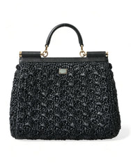 Dolce & Gabbana Elegant Black Embellished Raffia Crossbody Tote