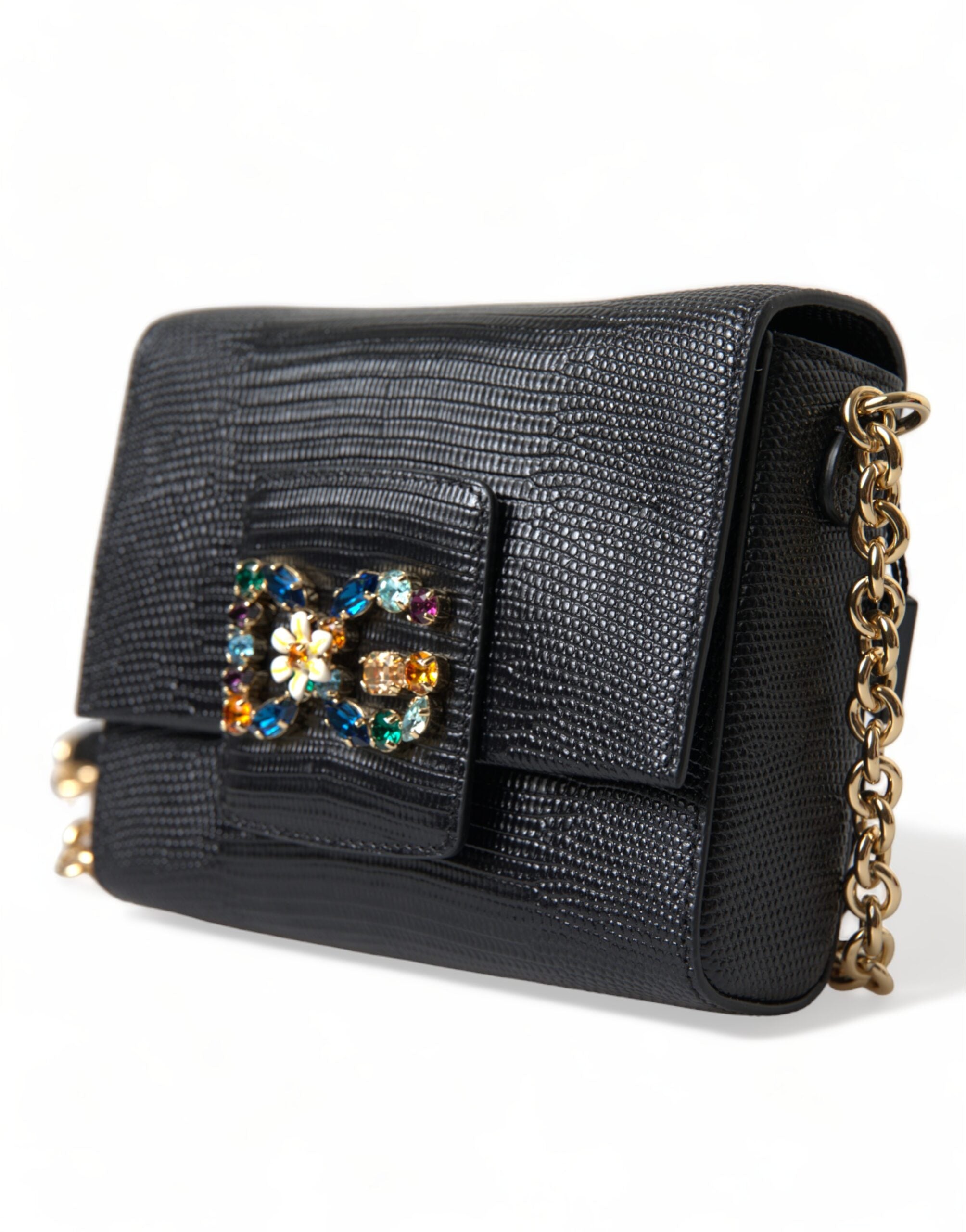 Dolce & Gabbana Black Leather DG Crystals Shoulder Crossbody Bag