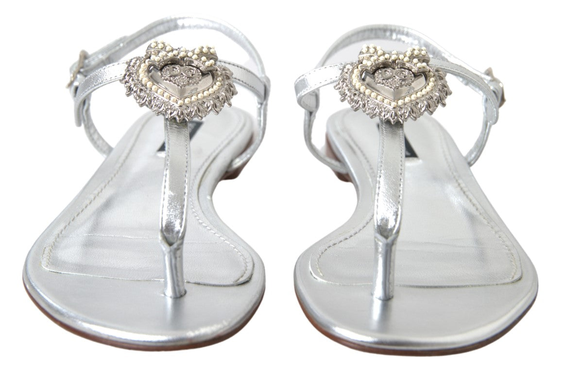 Dolce & Gabbana Elegant Silver Flat Sandals with Heart Detail