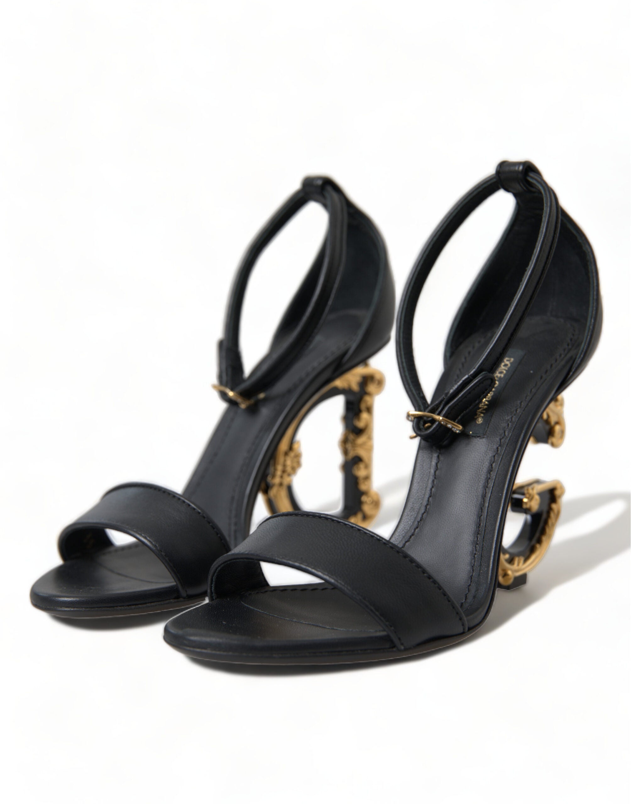 Dolce & Gabbana Black Leather Baroque DG Heel Sandals Shoes