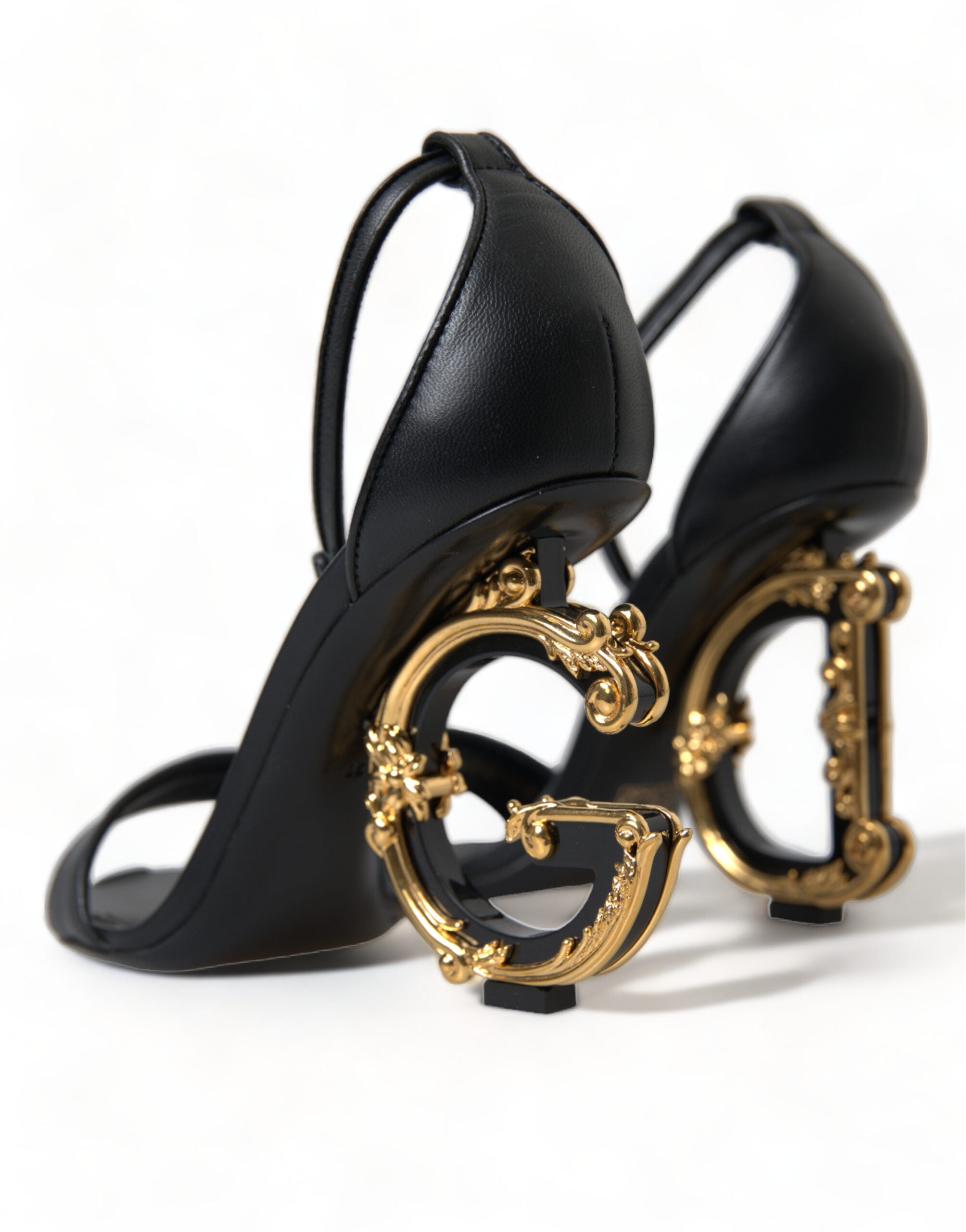 Dolce & Gabbana Black Leather Baroque DG Heel Sandals Shoes