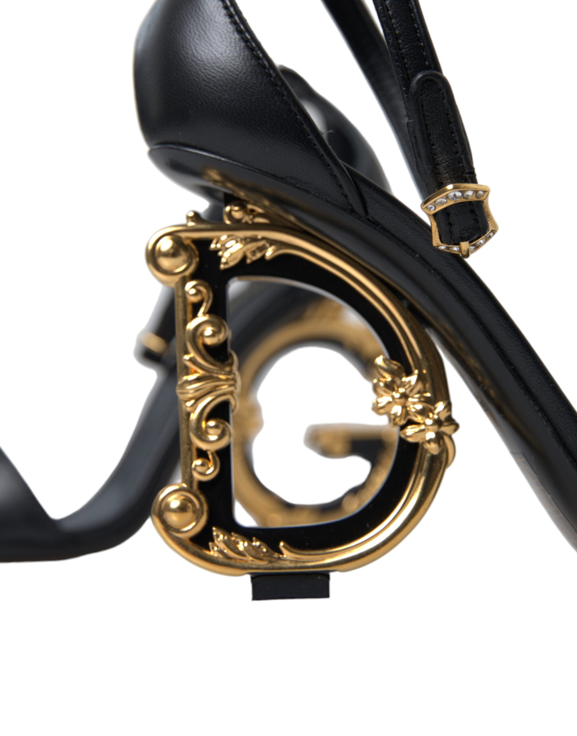 Dolce & Gabbana Black Leather Baroque DG Heel Sandals Shoes