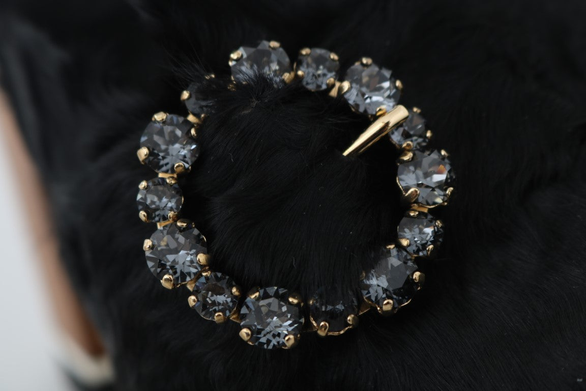 Dolce & Gabbana Black Lamb Fur Suede Slides with Crystal Studs