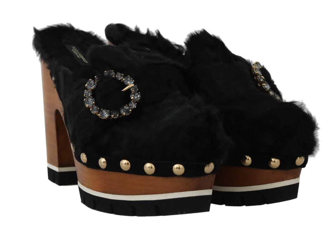 Dolce & Gabbana Black Lamb Fur Suede Slides with Crystal Studs