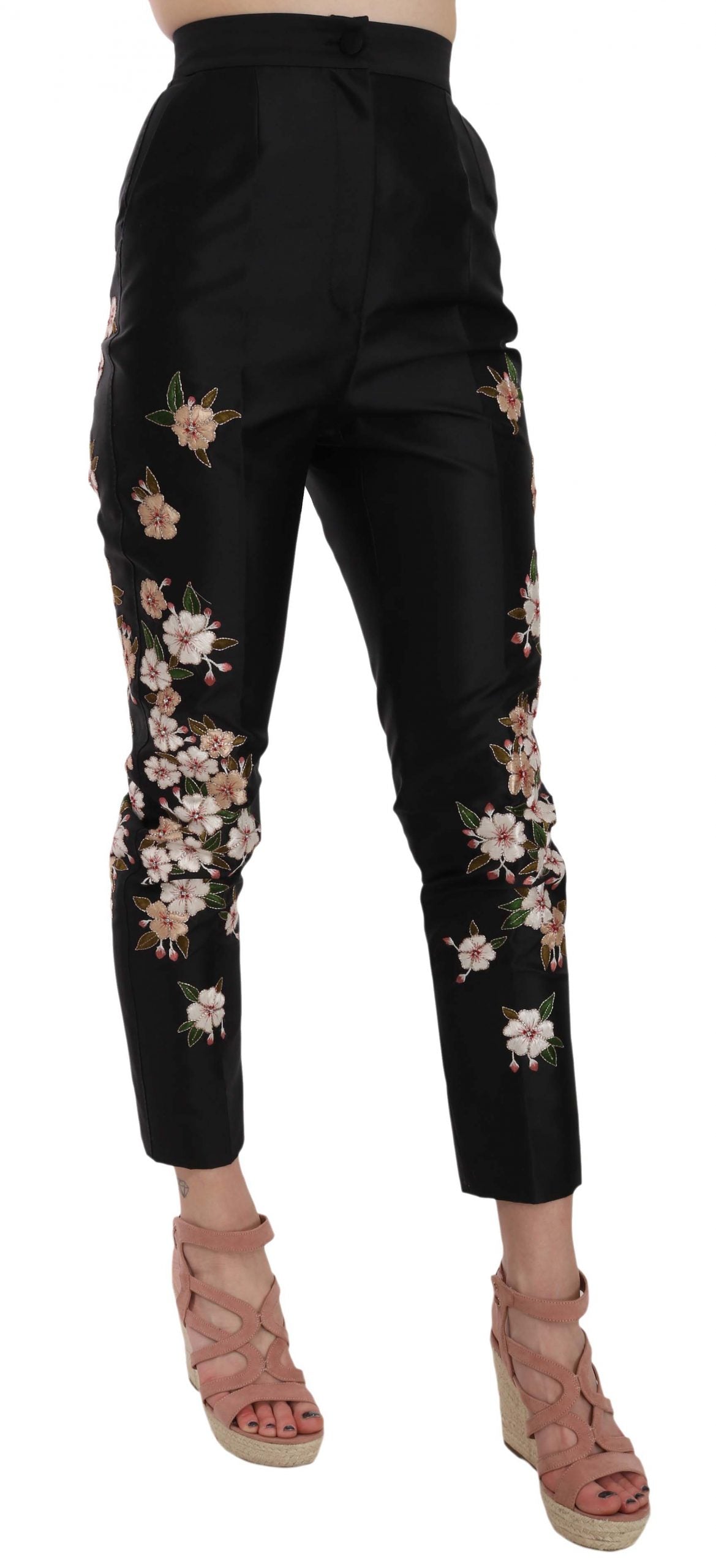 Dolce & Gabbana Black Silk Floral Embroidered Trousers Slim Pants