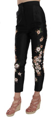 Dolce & Gabbana Black Silk Floral Embroidered Trousers Slim Pants