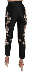 Dolce & Gabbana Black Silk Floral Embroidered Trousers Slim Pants