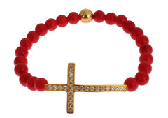 Nialaya Red Coral Gold CZ Cross 925 Silver Bracelet