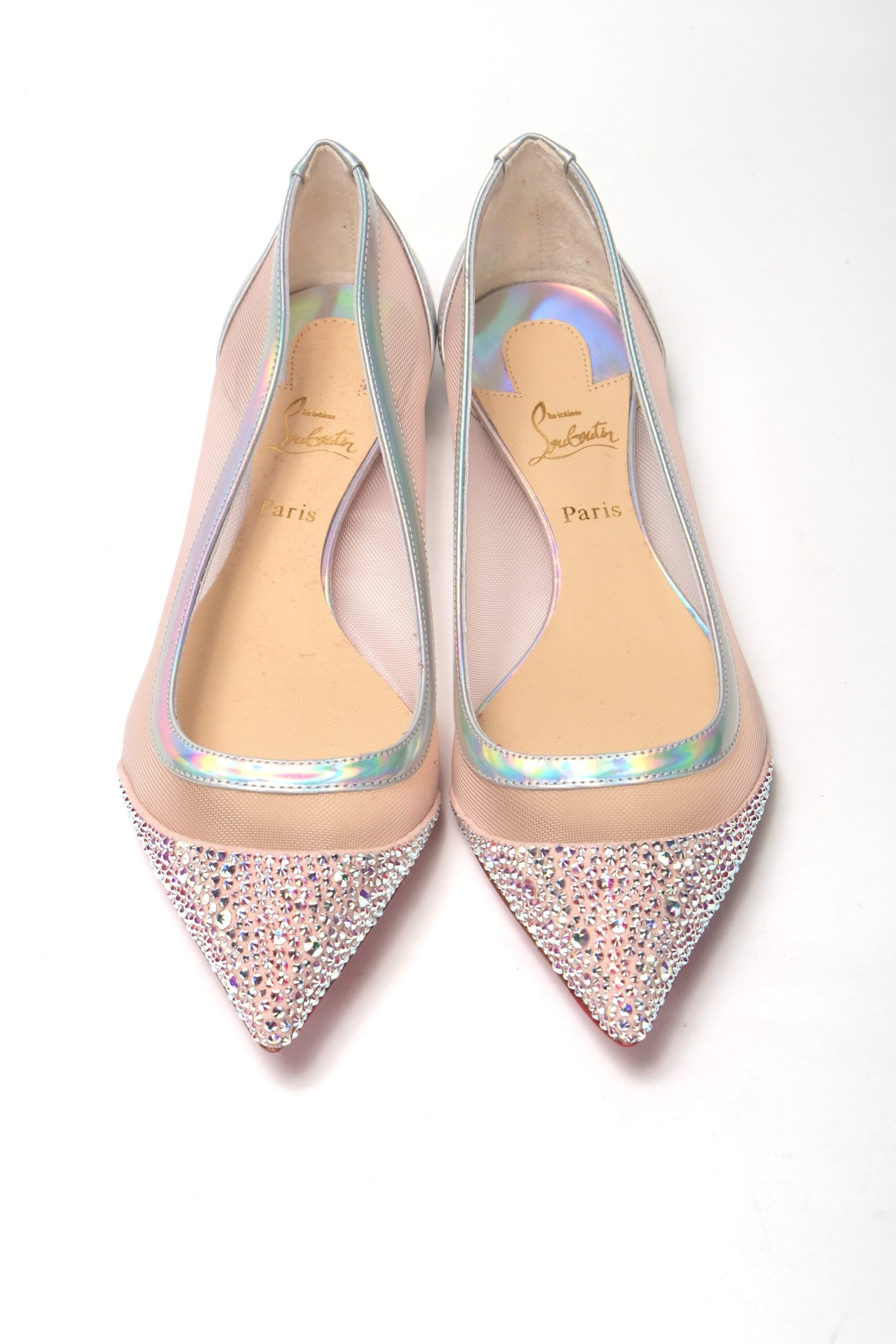 Christian Louboutin Silver Rose Flat Point Crystals Toe Shoe