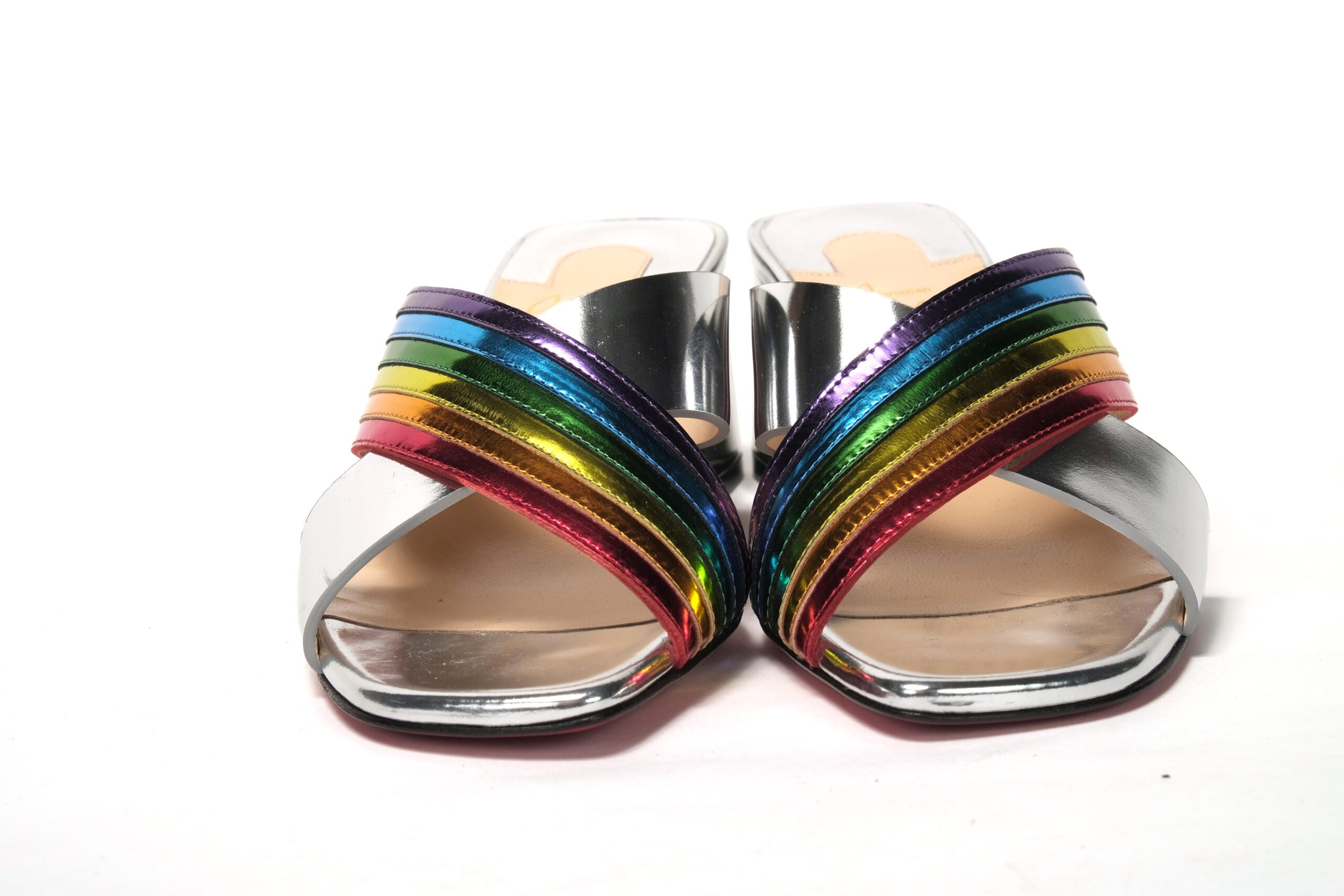 Christian Louboutin Silver Silver And Rainbow Stripe Mule Sandal