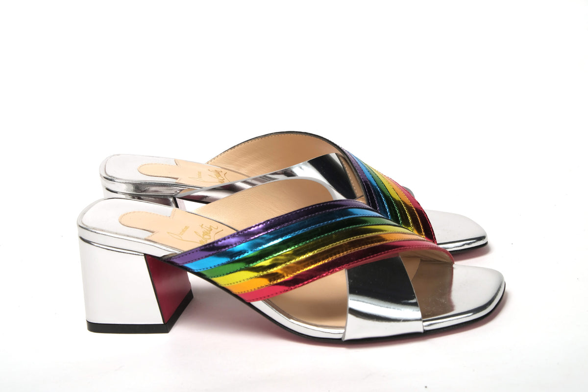 Christian Louboutin Silver Silver And Rainbow Stripe Mule Sandal