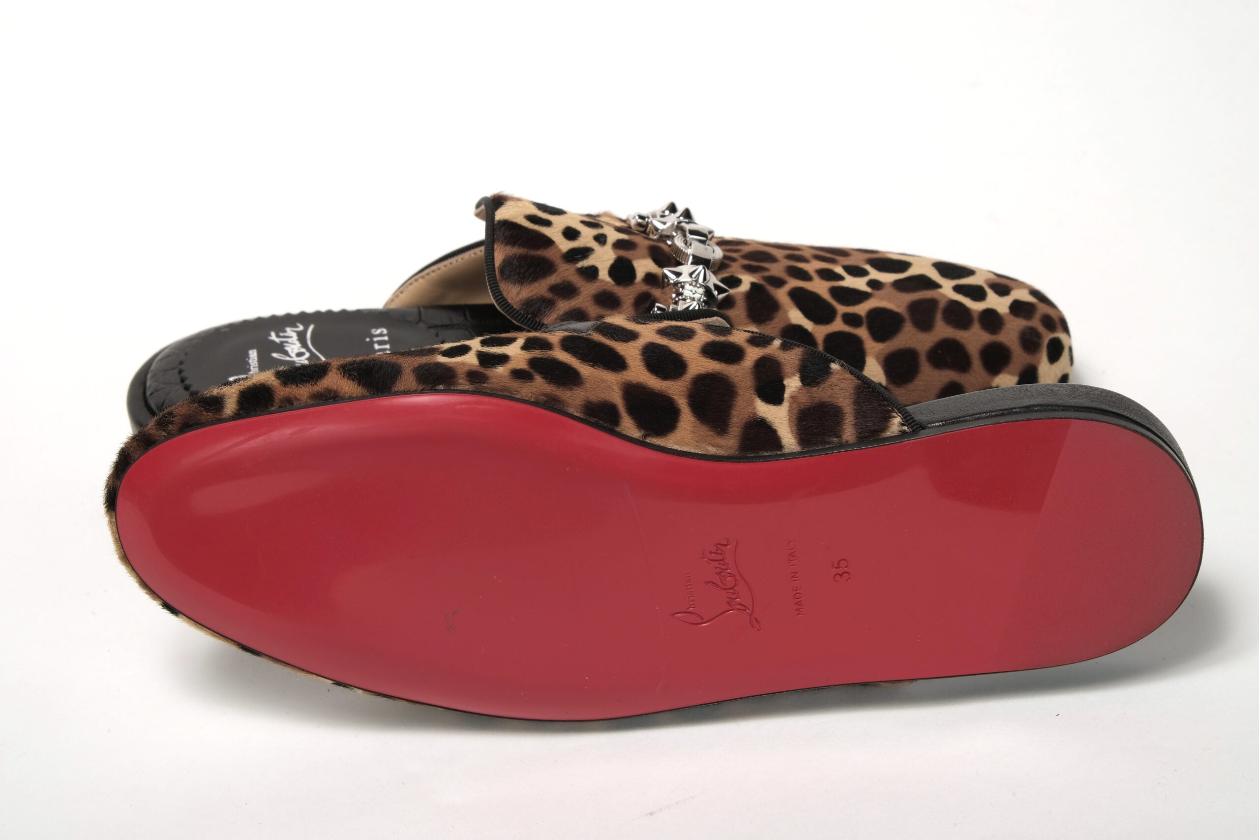 Christian Louboutin Black Brown Leapord Print Open Back Loafer