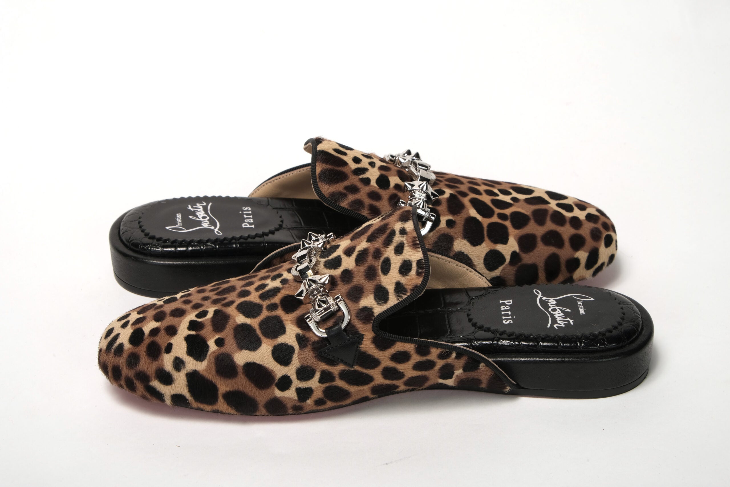 Christian Louboutin Black Brown Leapord Print Open Back Loafer