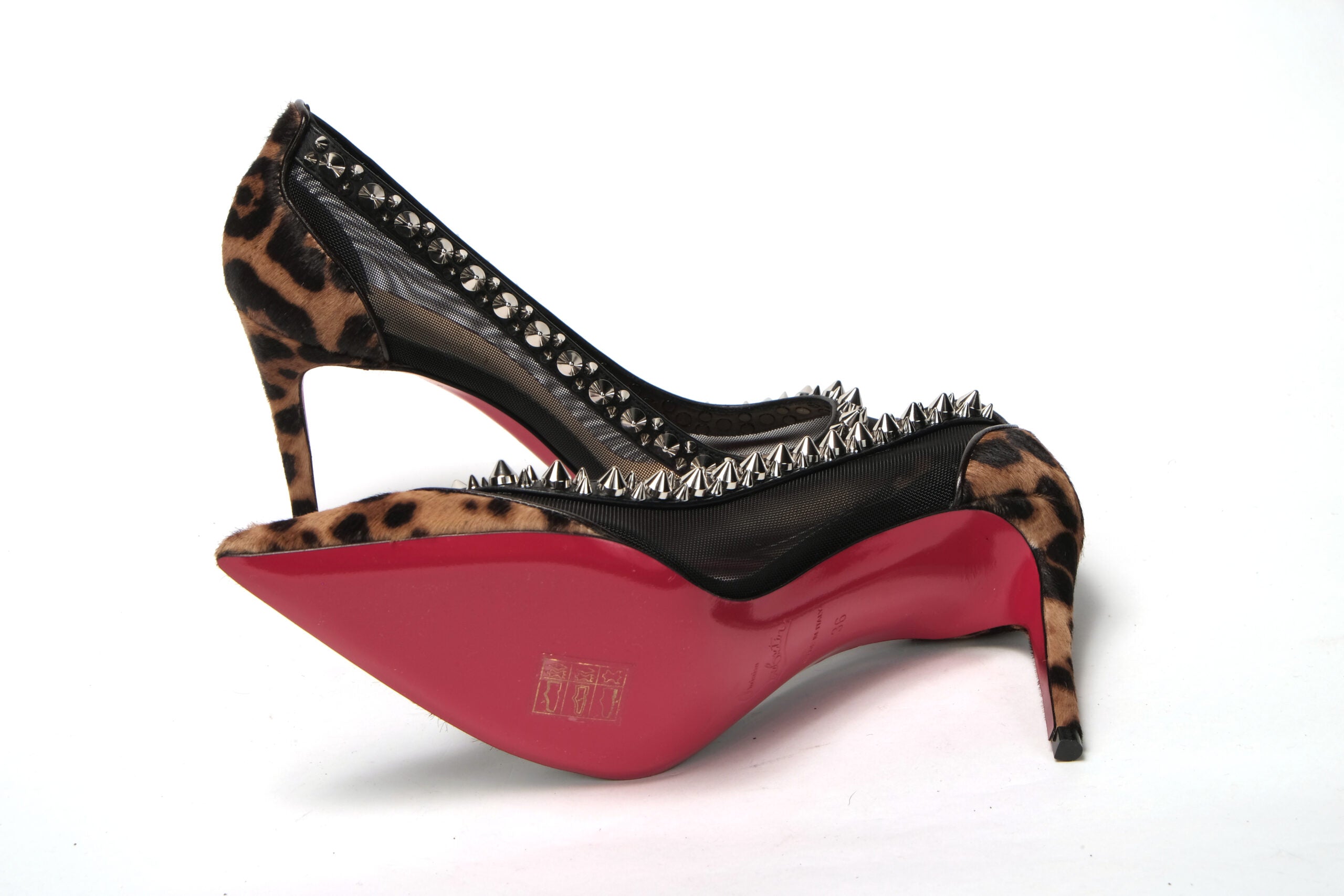 Christian Louboutin Brown Silver Leopard  Nappa And Mesh Studded High Heels Pumps