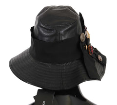 Dolce & Gabbana Black Leather DG Coin Crystal Wide Brim Hat