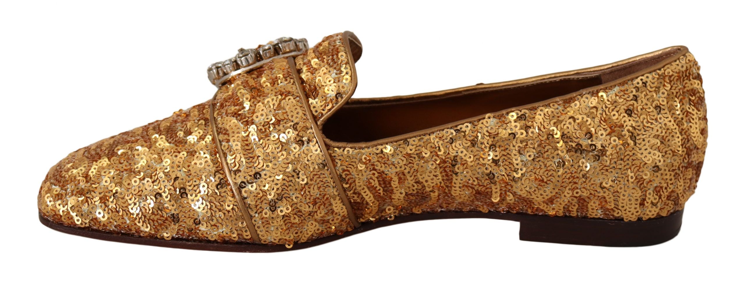 Dolce & Gabbana Gold Sequin Crystal Flat Women Loafers Shoes