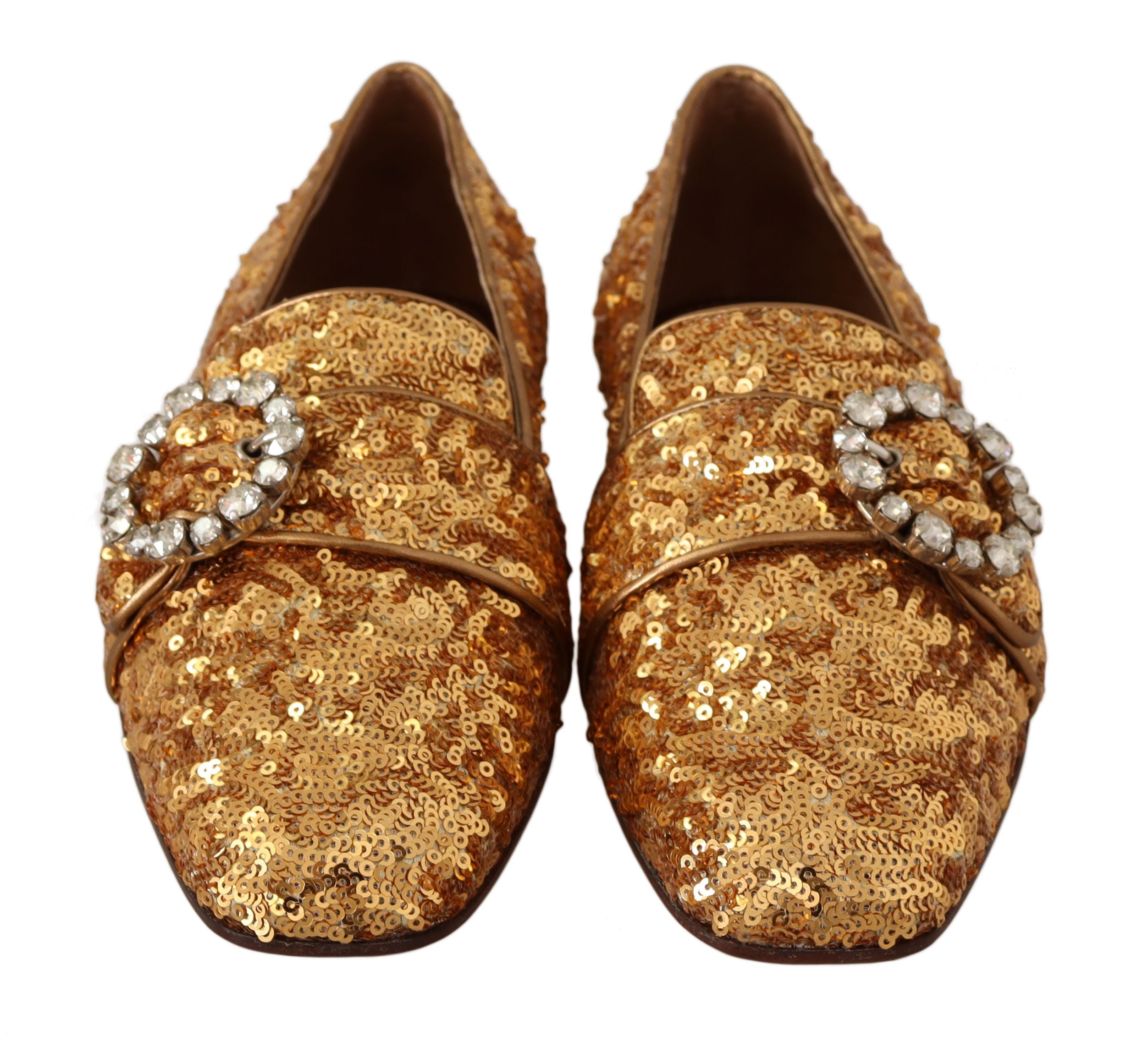 Dolce & Gabbana Gold Sequin Crystal Flat Women Loafers Shoes